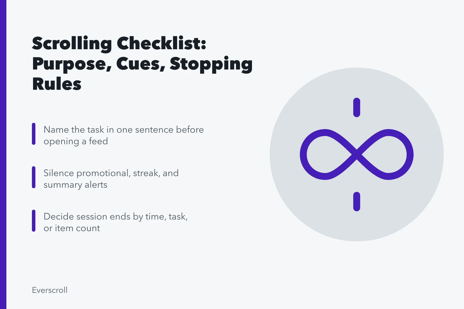Checklist card for attention-friendly scrolling with purpose, notification, and stopping rules. An attention-friendly scrolling checklist