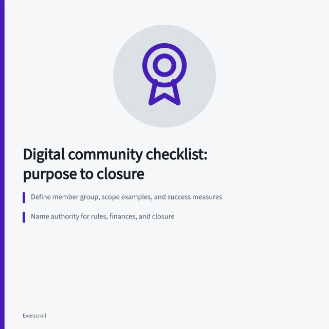 Checklist card for digital community governance, rules, and closure. A practical digital communities checklist