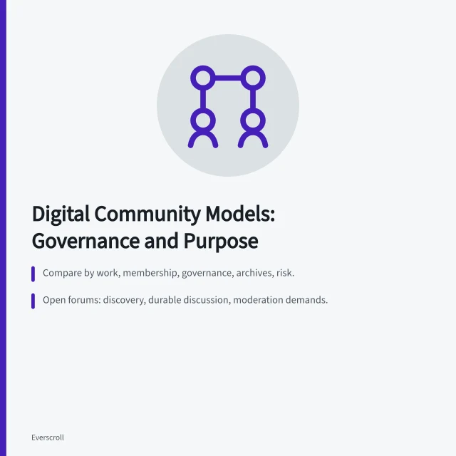 Comparison of digital community models by governance and purpose. Digital community models compared by purpose and governance