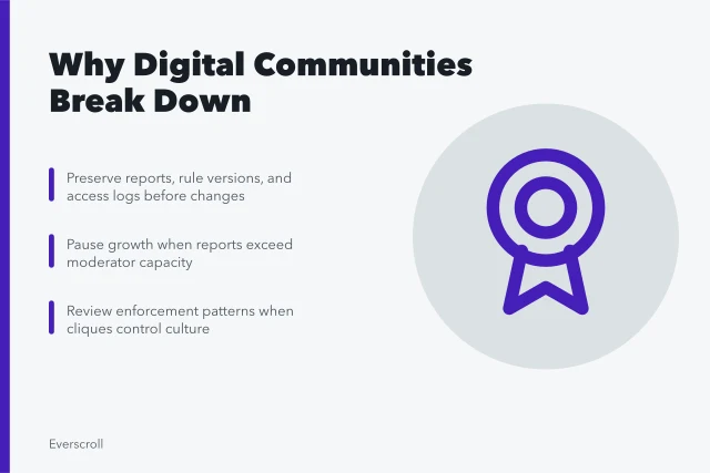 Illustration of digital community governance failures, moderation backlogs, and unclear rules. What goes wrong with digital communities