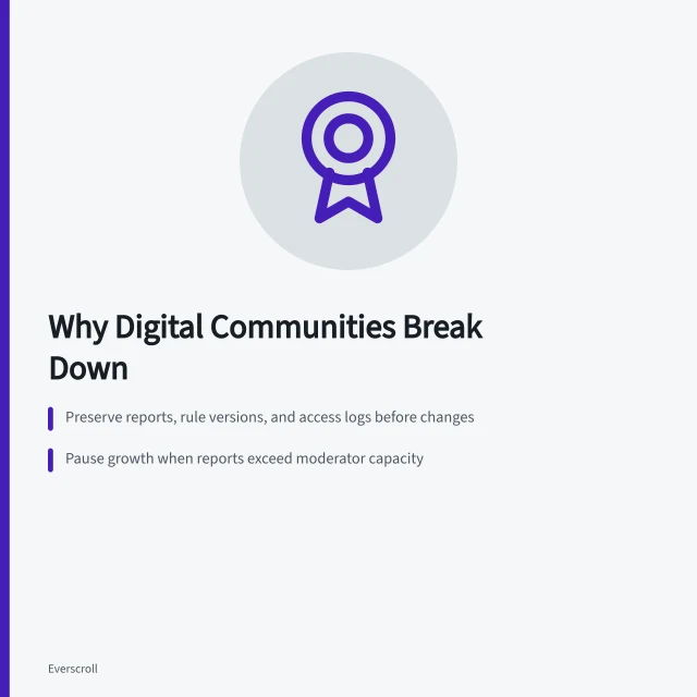 Illustration of digital community governance failures, moderation backlogs, and unclear rules. What goes wrong with digital communities