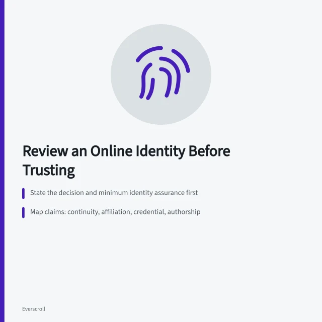 Card outlining steps to review an online identity before trusting it. How to review an online identity before you trust or publish it