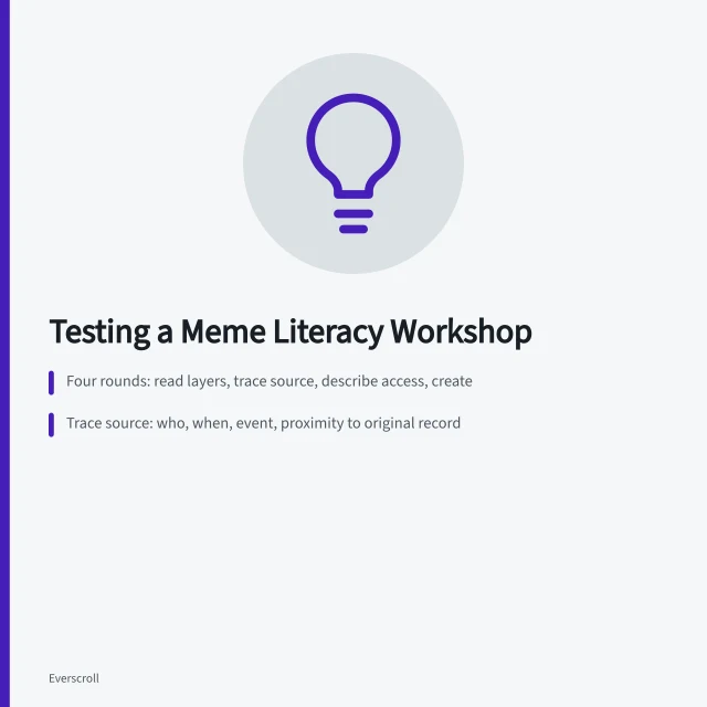 Card outlining a meme literacy workshop with four evidence-based rounds. Testing a meme literacy workshop against the evidence