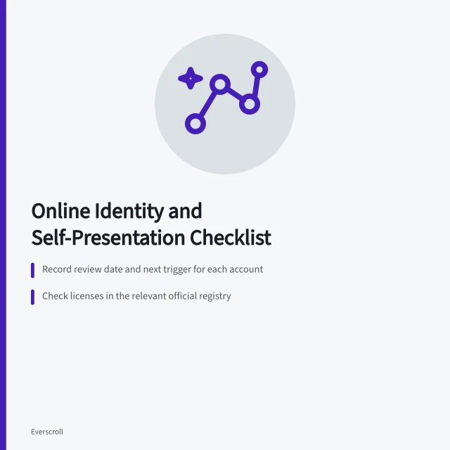 Checklist card for reviewing online identity, credentials, and privacy settings. A practical online identity and self-presentation checklist
