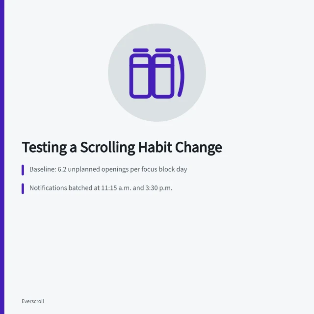 Card summarizing a two-week scrolling habit experiment with batched notifications. Testing a scrolling habit change in a fictional experiment over two weeks