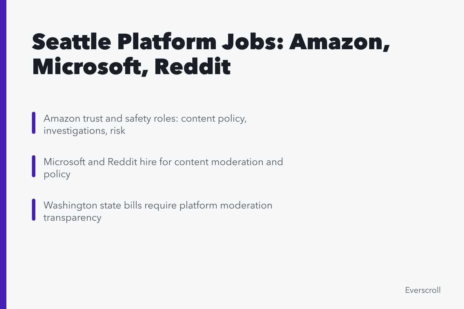 Card listing Seattle platform employers and trust and safety roles. 3 Seattle platform jobs and the online-life debates behind them