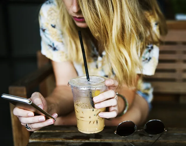 cup, drink, girl, communicate, woman, smartphone, mobile phone, communication, women, sitting, beverage. A pass-or-review checklist for social media feeds