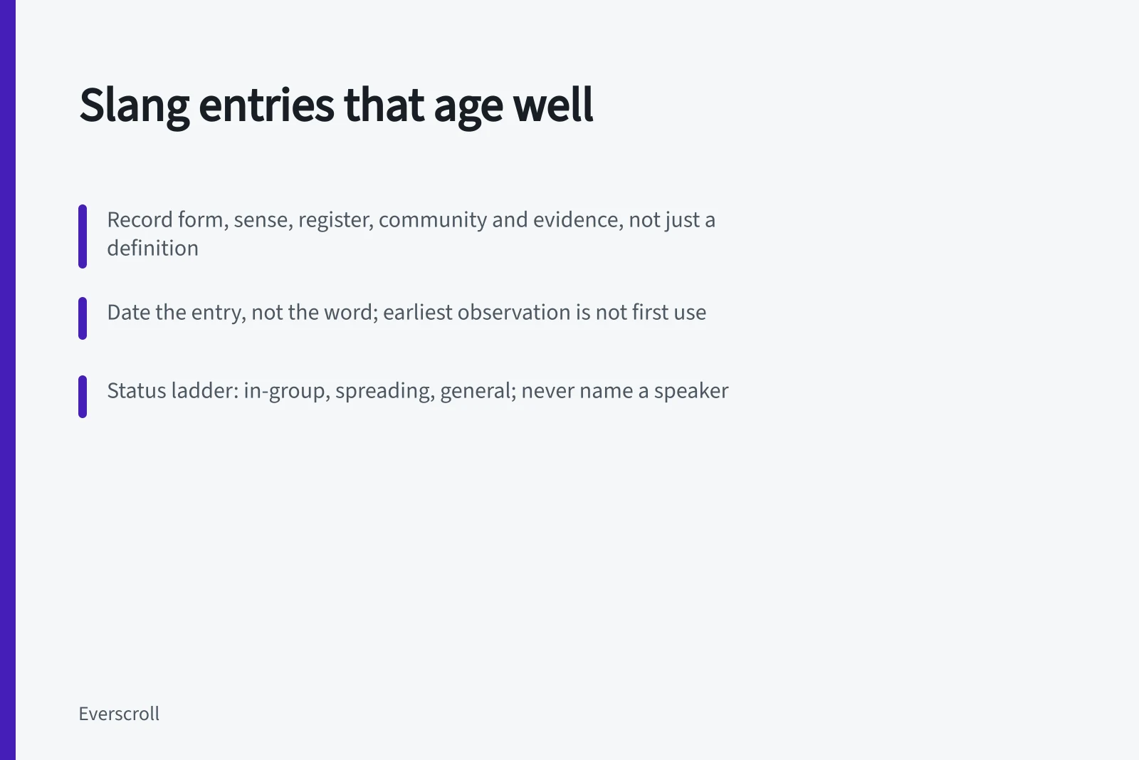 Card on writing social media slang entries with fields and a status ladder. A working brief on social media slang: the 2027 view