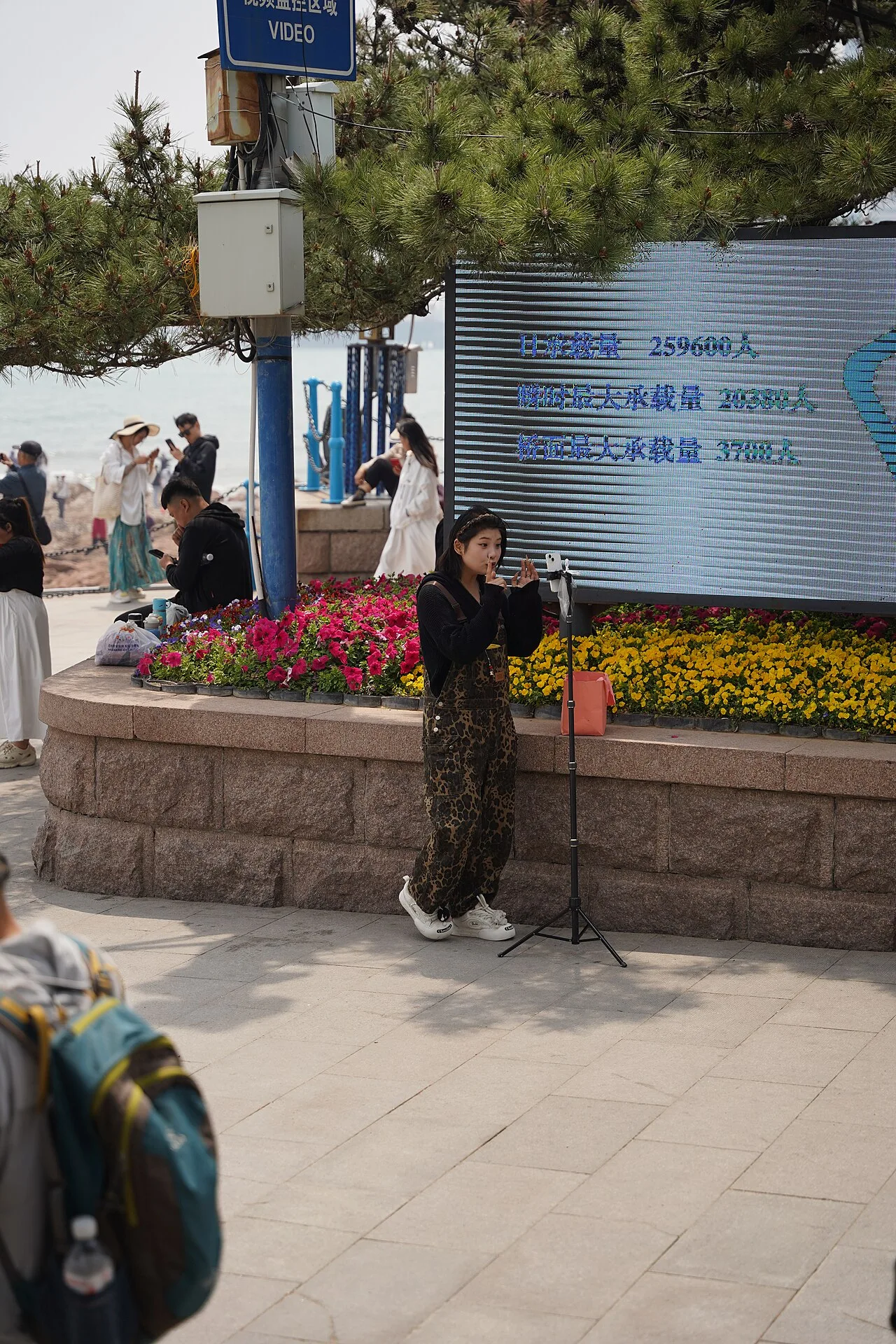 A livestreamer in Qingdao speaking to an online audience beside a public walkway