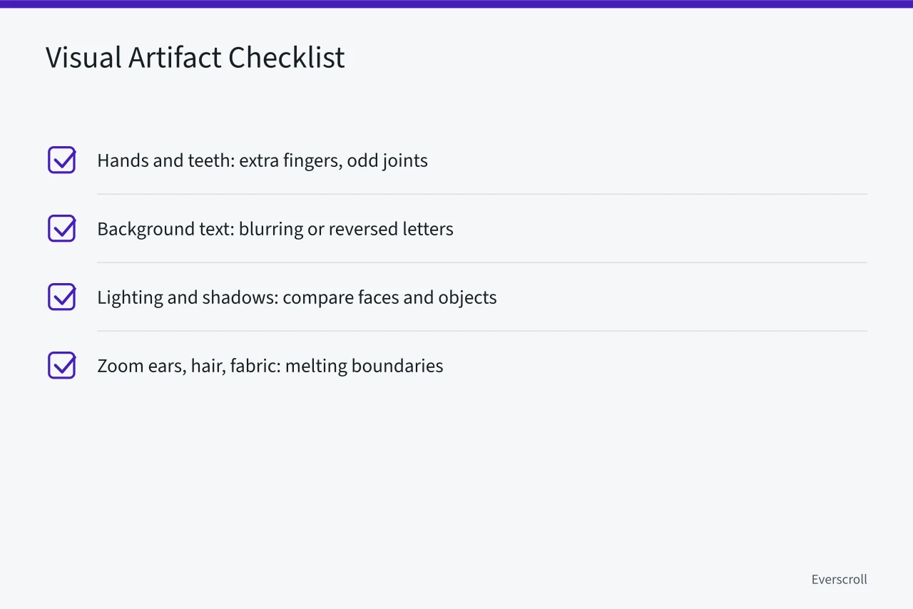 Checklist of visual artifacts to inspect in suspected AI-generated images (How to Spot AI-Generated Images in Your Social Feed Before Sharing)