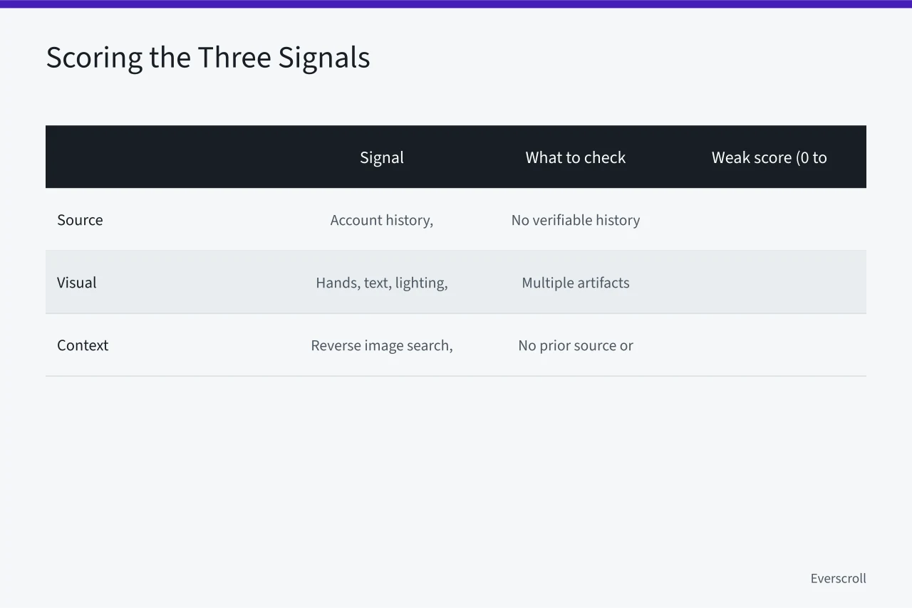 Comparison table of source, visual, and context signals with weak-score examples (How to Spot AI-Generated Images in Your Social Feed Before Sharing)